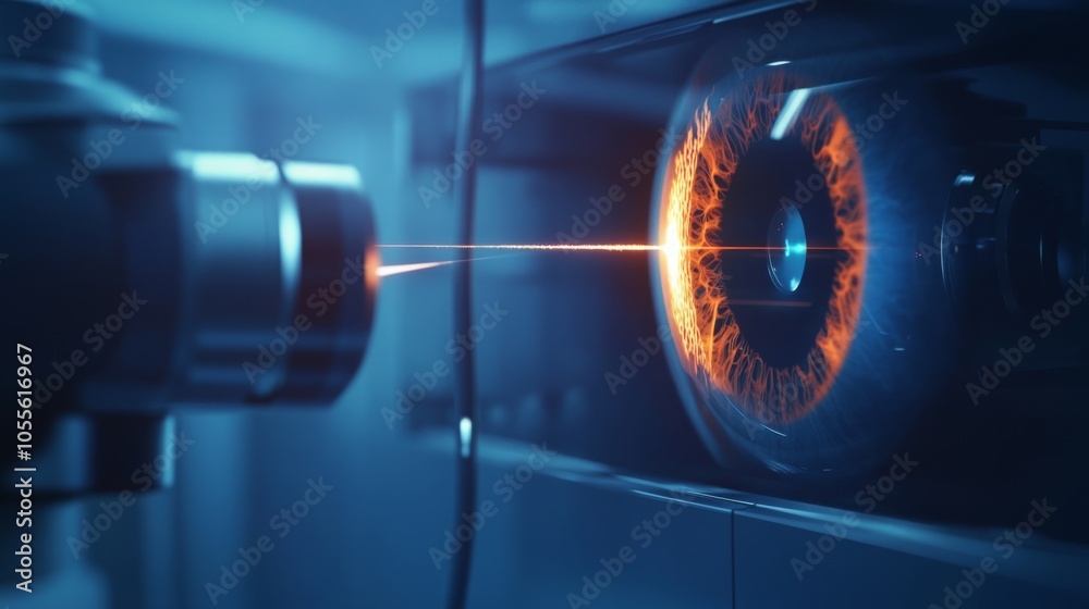 Poster a precise laser beam targets an artificial eye in a clinical laboratory, showcasing advanced technol