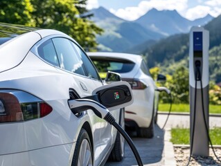 Electric Cars Charging in Scenic Mountain Landscape