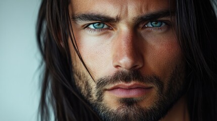 Obraz premium Man with long dark hair, slight beard, and intense gaze, conveying a thoughtful expression, isolated on white
