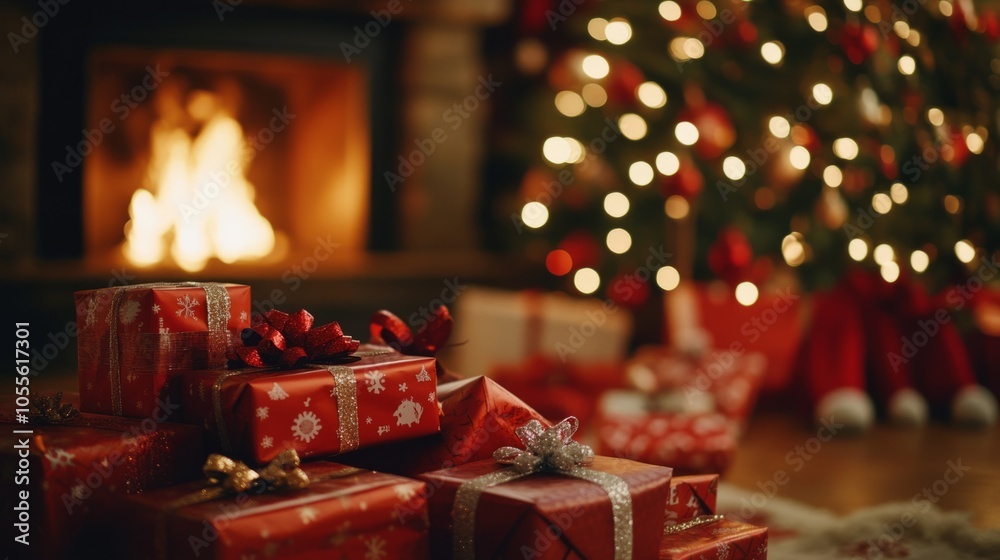 Poster A stack of red presents sits on a table next to a fireplace