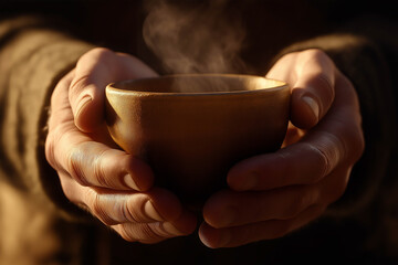 A close-up of hands holding a steaming cup of tea, outside in the early morning with warm rays of sunlight