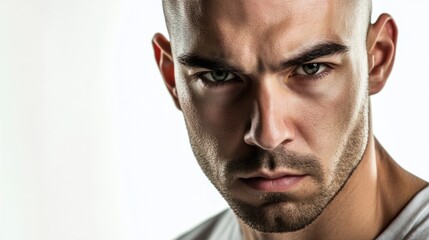 Fototapeta premium Man with shaved head, intense gaze, and stubble, conveying determination and focus, isolated on white