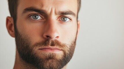 Obraz premium Man with short beard, intense gaze, and slightly raised eyebrows, appearing curious and engaged, isolated on white