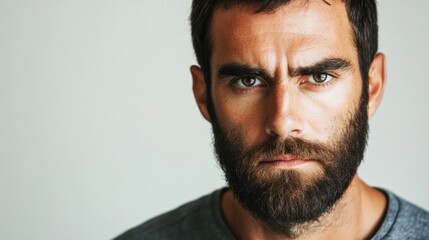 Obraz premium Man with short beard, intense gaze, and slightly raised eyebrows, appearing curious and engaged, isolated on white