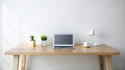 Clean and minimalist office desk with a single laptop open on a white surface, office setup, focused work, computer screen, empty chair