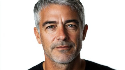 Obraz premium Mature man with deep-set eyes and short gray hair, showing a thoughtful and calm expression, isolated on white