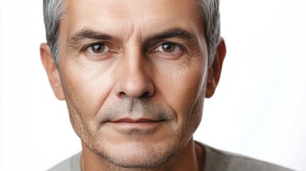 Obraz premium Mature man with deep-set eyes and short gray hair, showing a thoughtful and calm expression, isolated on white