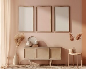 A minimalist living room with three framed posters on a pink wall. a wooden cabinet. and a side table with decorative elements