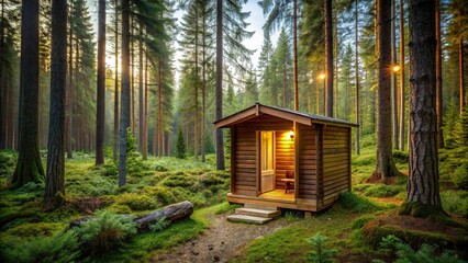 Forest sauna retreat in serene forest clearing, peaceful escape, natural environment