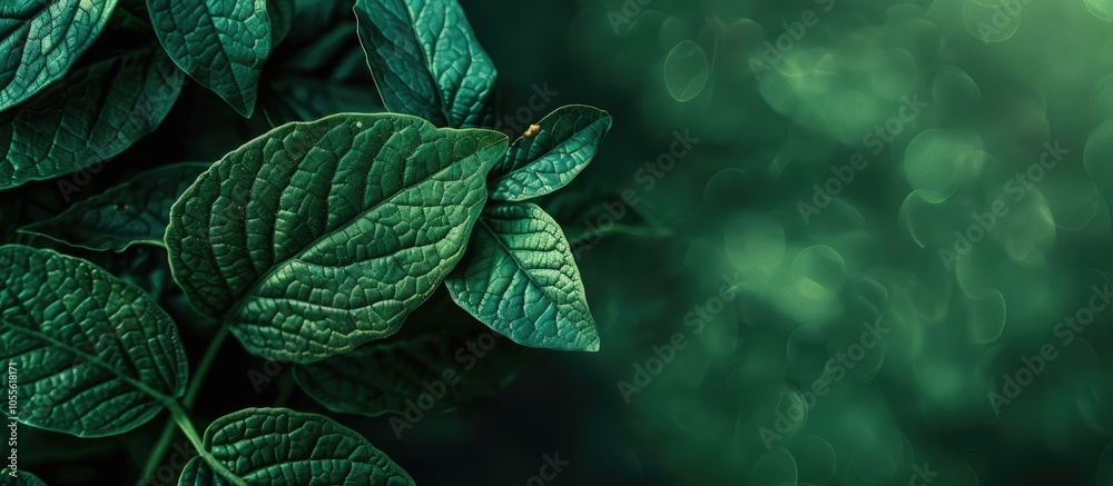 Wall mural dark green leaf in focus with green backdrop and ample copy space for a background image concept