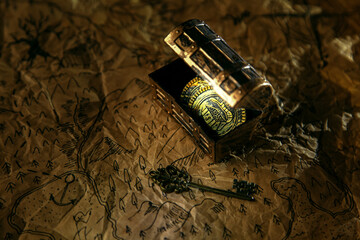 Homemade aged pirate map of treasure island on parchment.