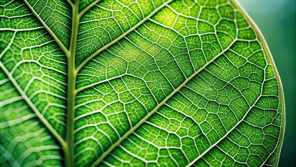 Obraz premium Close-up of a large leaf with intricate veins against a soft green background, plant anatomy, botanical illustration, plant details, macro photography, green texture