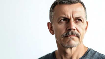 Middle-aged man with short hair and light mustache, appearing thoughtful, isolated on white