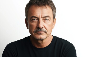 Fototapeta premium Middle-aged man with short hair and light mustache, appearing thoughtful, isolated on white