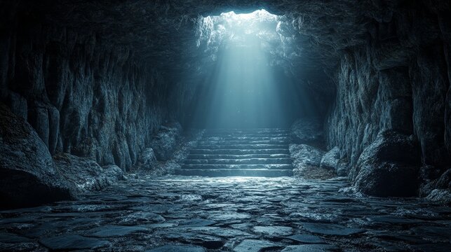 A dark cave with a light shining through the entrance