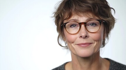 Obraz premium Middle-aged woman with a soft smile, glasses, and thoughtful expression, appearing calm, isolated on white