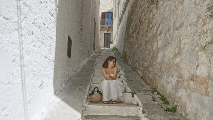 Young hispanic woman in ostuni old town, puglia, italy, sitting on stairs in a narrow alley with a serene expression holding a straw bag on a sunny day.