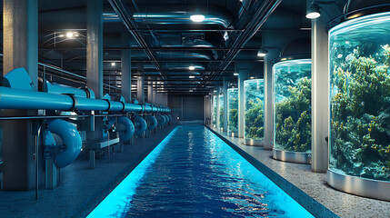 Fototapeta premium A factory with blue, environmentally-friendly pipes and tanks, specifically designed for minimal impact on nearby ocean life 
