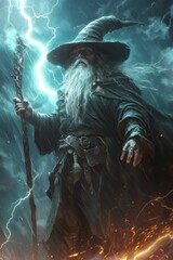 A witch is conducting magic with spell with lightning bolt in battle. Superhero. Halloween poster.