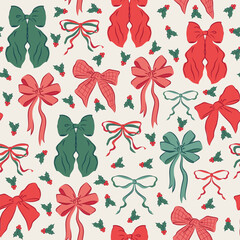 Green and red bows retro vector pattern. New year presents ribbons background with mistletoe