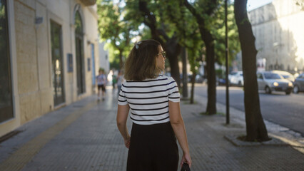 A young, beautiful hispanic woman walks down a tree-lined street in the charming town of lecce, puglia, italy on a sunny day.