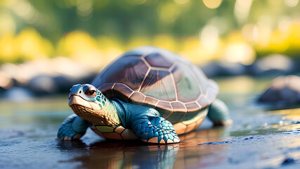 A green turtle by the lake