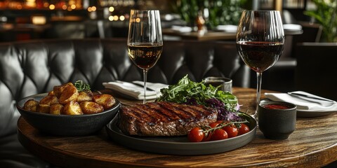 a plate of food and a glass of wine