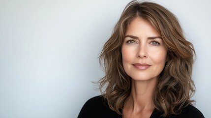 Middle-aged woman with wavy hair, subtle smile, and thoughtful expression, giving a calm vibe, isolated on white