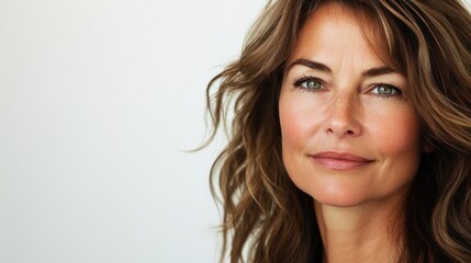 Middle-aged woman with wavy hair, subtle smile, and thoughtful expression, giving a calm vibe, isolated on white