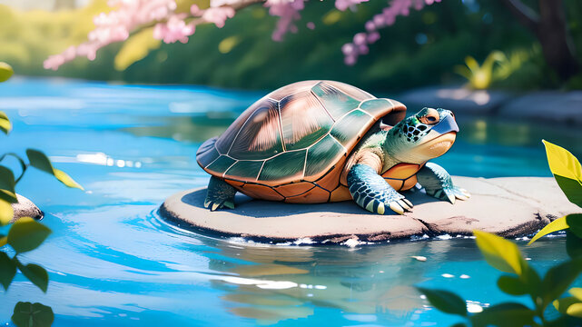 A green turtle by the lake
