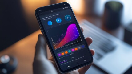 A person holds a smartphone displaying various colorful graphs and analytics, indicating data analysis.