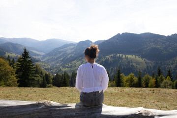 A girl sits on a wooden log and looks at the spectacular view of mountains of different colors