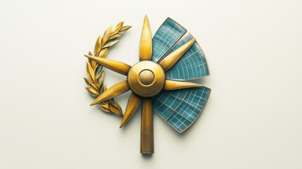 Net Zero emblem with wind turbine and solar energy icons, symbolizing renewable energy goals, isolated on white