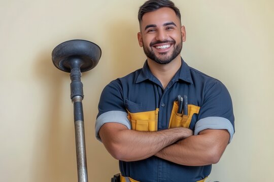 A cheerful plumber stands confidently with arms crossed, holding a plunger. Dressed in a traditional uniform with a tool belt, he radiates professionalism and friendliness against a soft light yellow 