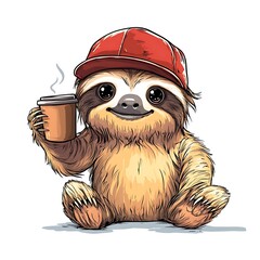 Cartoon sloth with a cap and coffee mug on a white background.