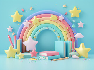 A soft pastel logo with books, pencils, and a rainbow, symbolizing fun learning. Suitable for schools, educational apps, and children's programs