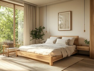 Pastel soft walls with natural wood decor and minimalist furniture for a modern, airy bedroom