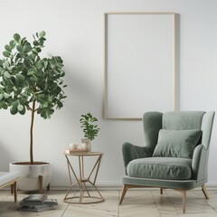 A cozy living room with a green armchair. a potted plant. and a blank picture frame on a white wall