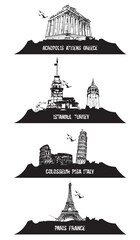 Touristic cities design. Hand drawn illustration.