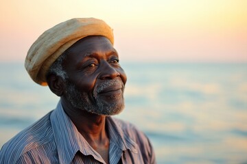 An African grandfather, 65 years old, enjoys the tranquil morning by the ocean. The soft dawn light enhances his serene expression, reflecting a moment of peace and connection with nature.