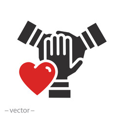 team with heart, nonprofit charity organization icon, philanthropy love, social community concept, volunteer help, flat vector illustration