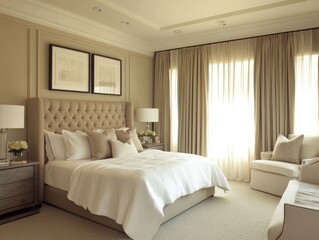 Pastel walls combined with clean lines and neutral furnishings create a serene and contemporary bedroom design