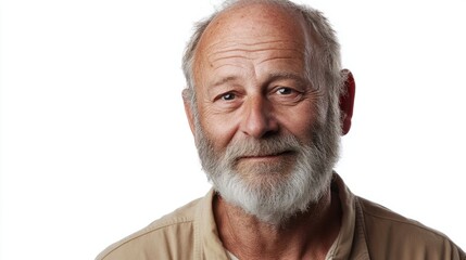 Fototapeta premium Older man with deep-set eyes and a calm smile, showing wisdom and kindness, isolated on white