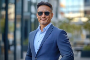Fototapeta premium An Asian man around 40 years old stands confidently in a suit and sunglasses outside a modern business center. His professional pose exudes style and self assurance against the sleek, urban backdrop.