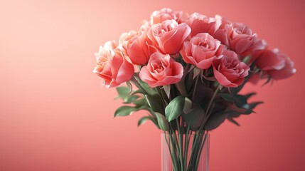 Fototapeta premium A vase of pink roses sits on a red background