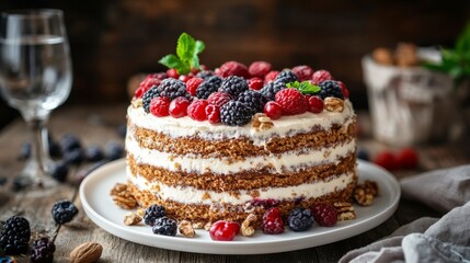 A beautifully presented layered cake, garnished with fresh berries and nuts, placed on a white plate. The cake is set on a rustic wooden table, accompanied by elegant glasses, creating a cozy Cake