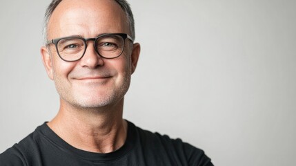 Obraz premium Portrait of a man with a warm smile, wearing glasses and showing a gentle, friendly expression, isolated on white