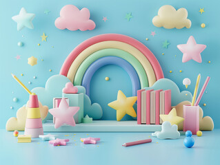 A soft pastel logo with books, pencils, and a rainbow, symbolizing fun learning. Suitable for schools, educational apps, and children's programs