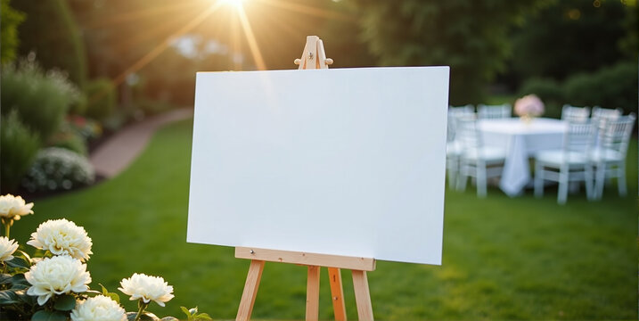 Unwritten blank display with white surface in front of a festive event in nature in summer sunlight