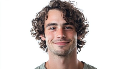 Fototapeta premium Portrait of a man with curly hair, relaxed smile, and a youthful look, wearing a casual expression, isolated on white